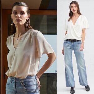 NWT L’AGENCE Ivory Silk Chiffon Short Sleeve V-Neck Draped Wrap Front Top S
